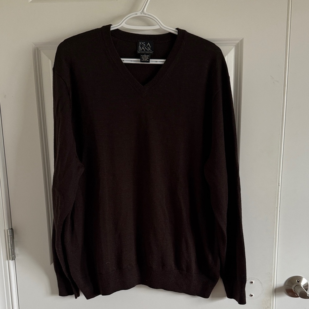 JOs. A. Bank Dark Brown V-Neck Sweater Size Large 53% Merino Wool